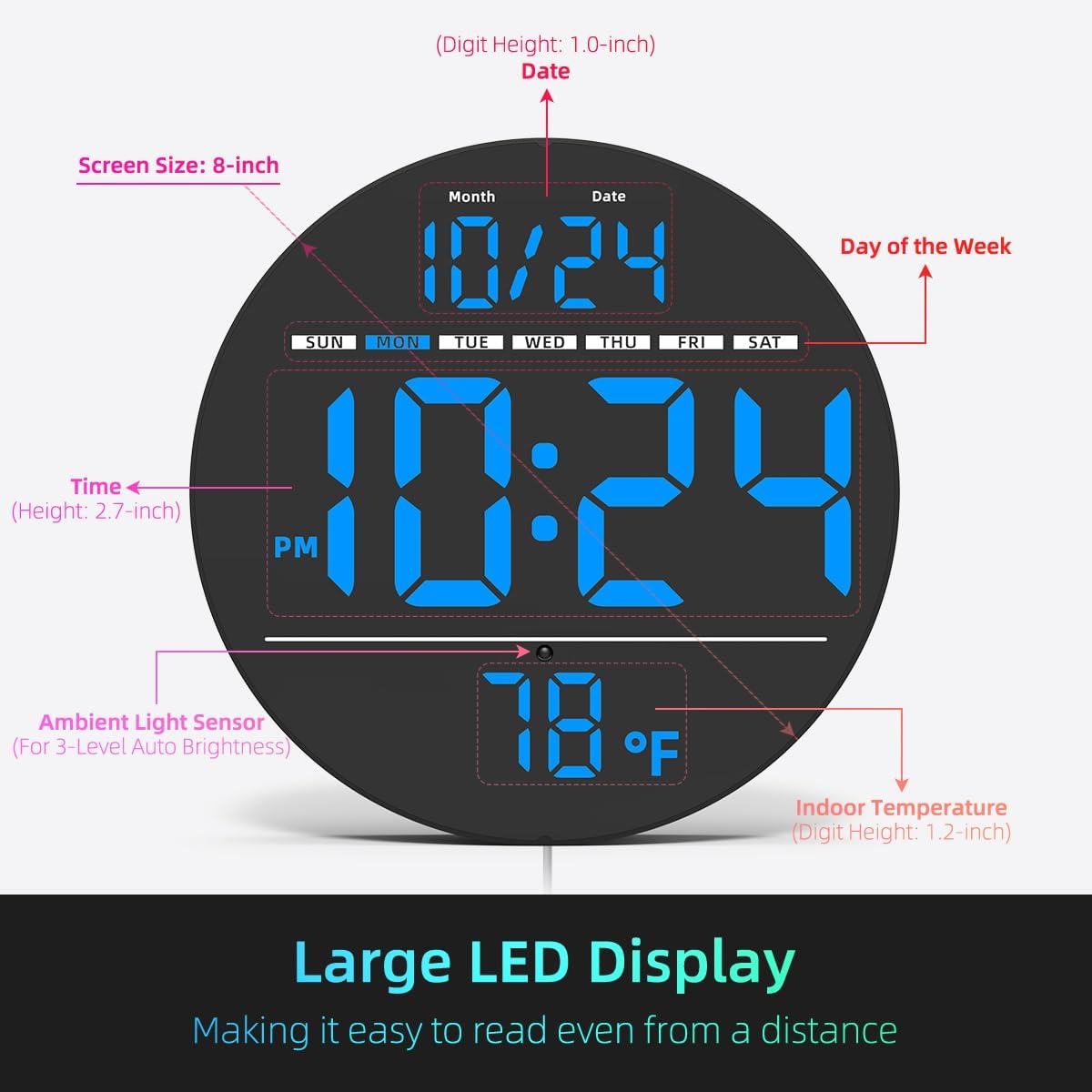 Digital Wall Clock with Large LED Display, Date, Temperature, Auto-Brightness | Small [PLUG-IN] Clock | Modern Electric Wall Clock for Bedroom, Classroom, Living Room, Home, Office, Farmhouse - Blue
