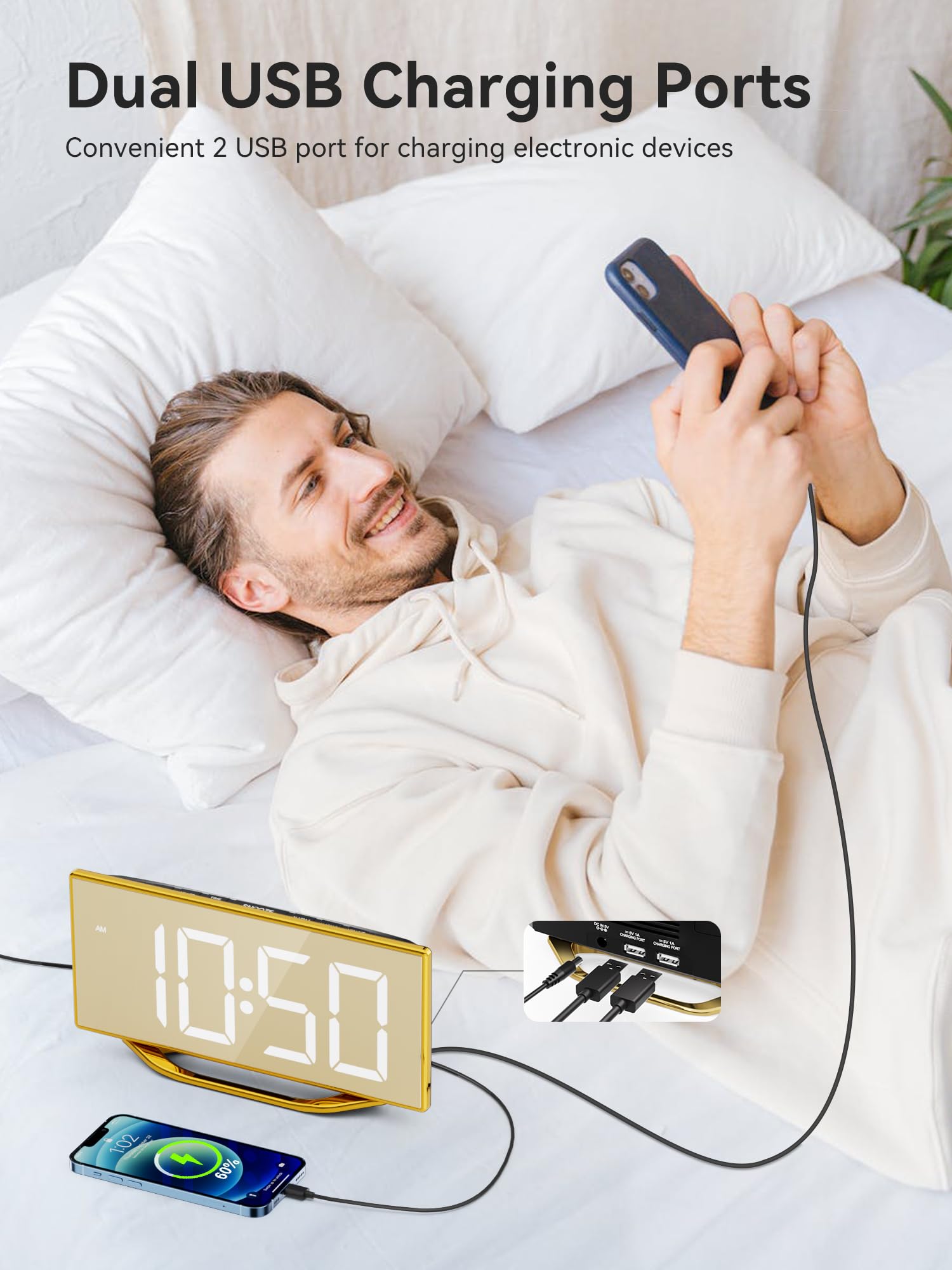 Digital Alarm Clock for Bedroom Bedside, Large Big Numbers Display with Brightness Dimmer, Plug-In Electric Desk Clock with Battery Backup, USB Charging Port, Adjustable Volume, 12/24Hr, Snooze