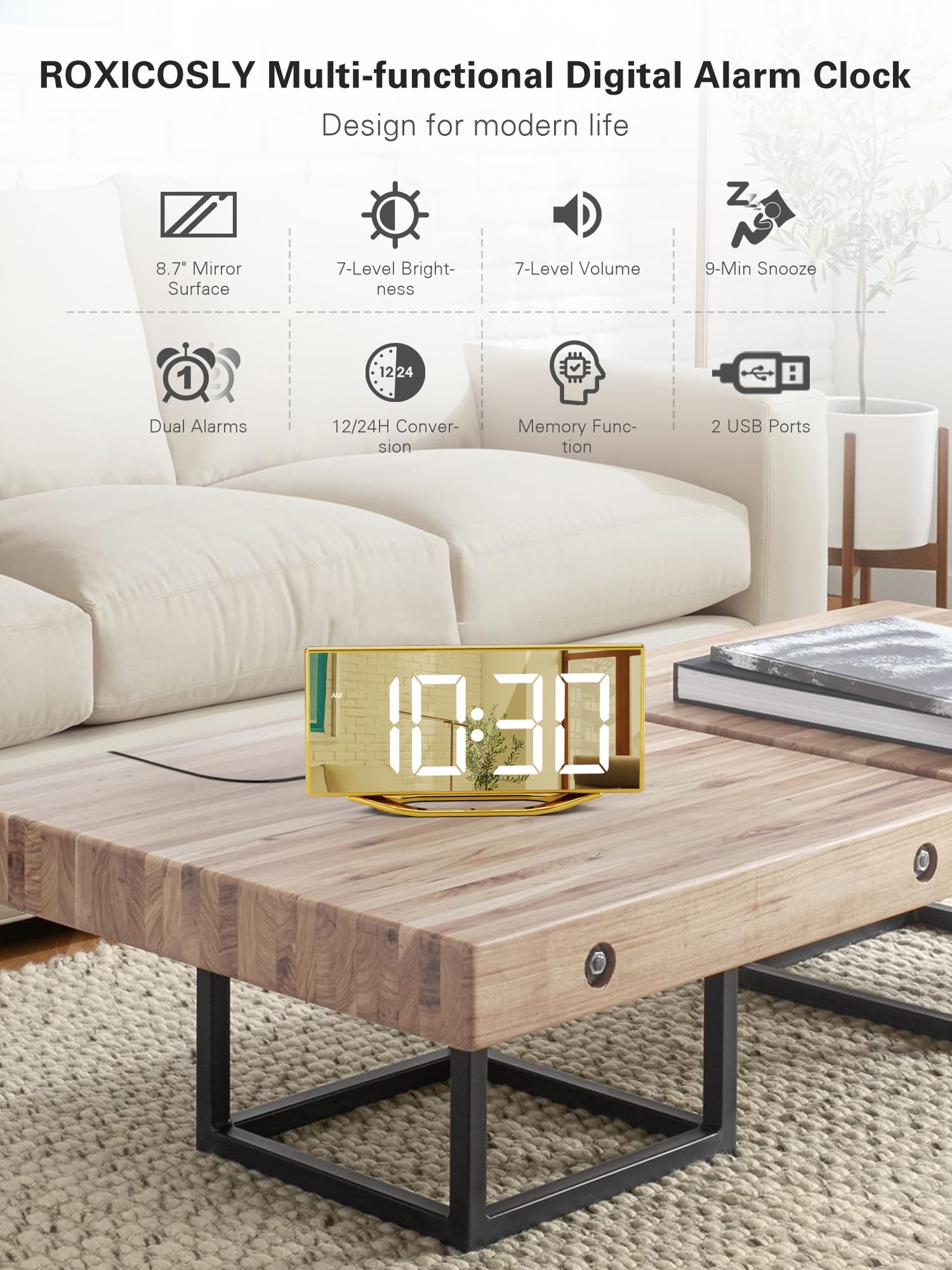 Digital Alarm Clock for Bedroom Bedside, Large Big Numbers Display with Brightness Dimmer, Plug-In Electric Desk Clock with Battery Backup, USB Charging Port, Adjustable Volume, 12/24Hr, Snooze